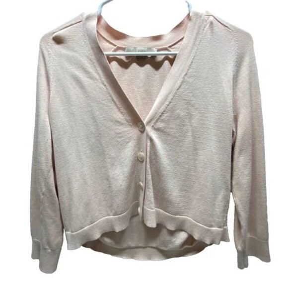 LOFT Cropped Cardigan Sweater Women's Medium Light Pink V-Neck Button Front GUC - Picture 1 of 6